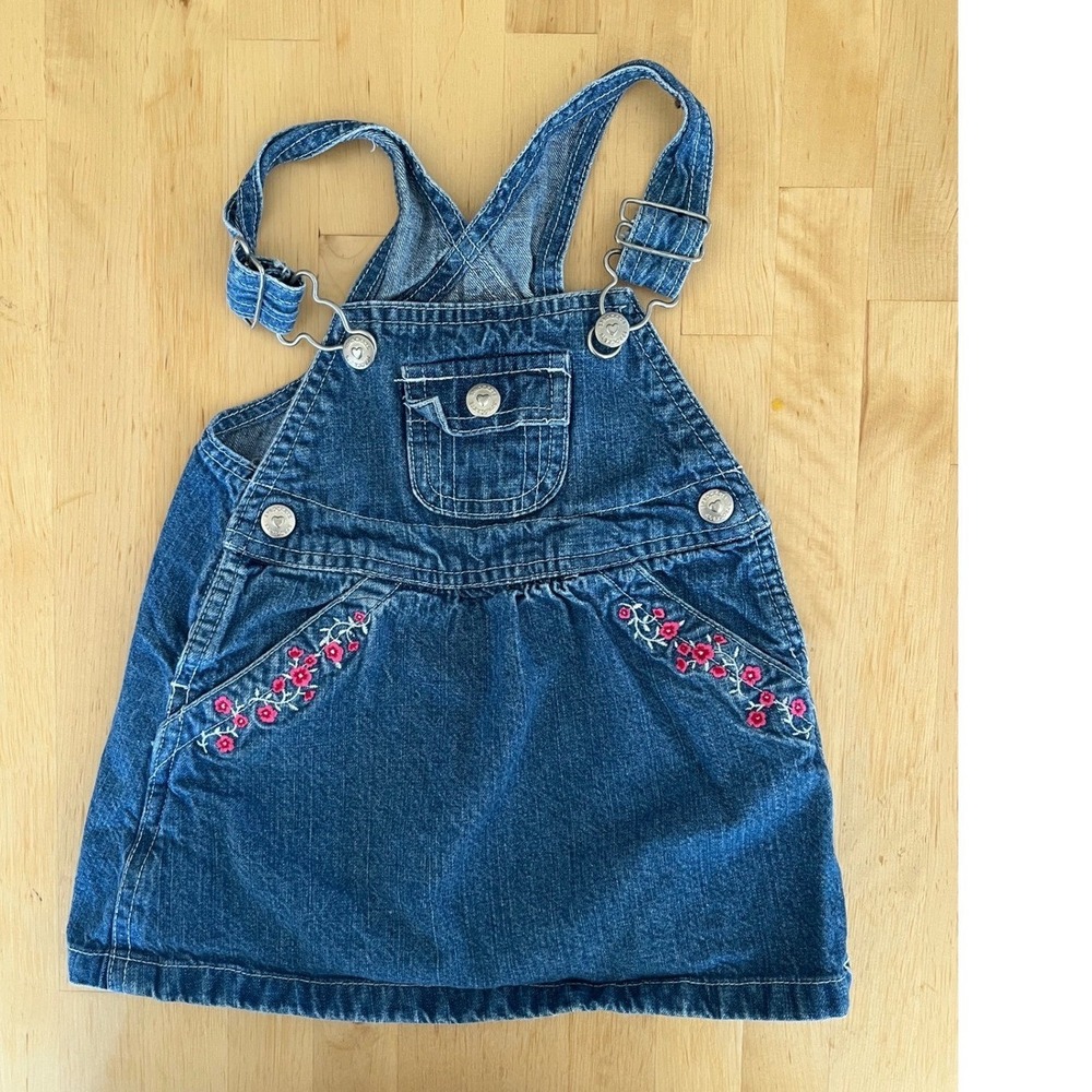 Sprockets Girls Denim Pinafore Overall Dress Floral Embroidery Blue 18M vintage